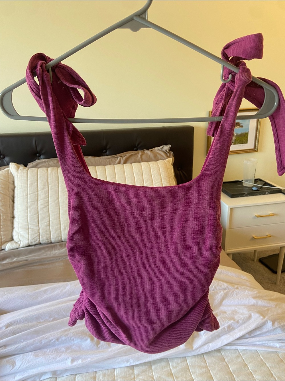 Free People Tie-Shoulder Ribbed Bodysuit - Plum